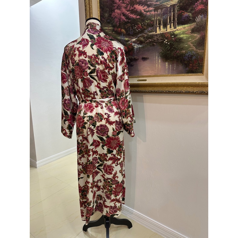 Dentelle Vintage Floral Maxi Robe Satin Wrap Long Kimono Made in USA Large - Picture 8 of 10